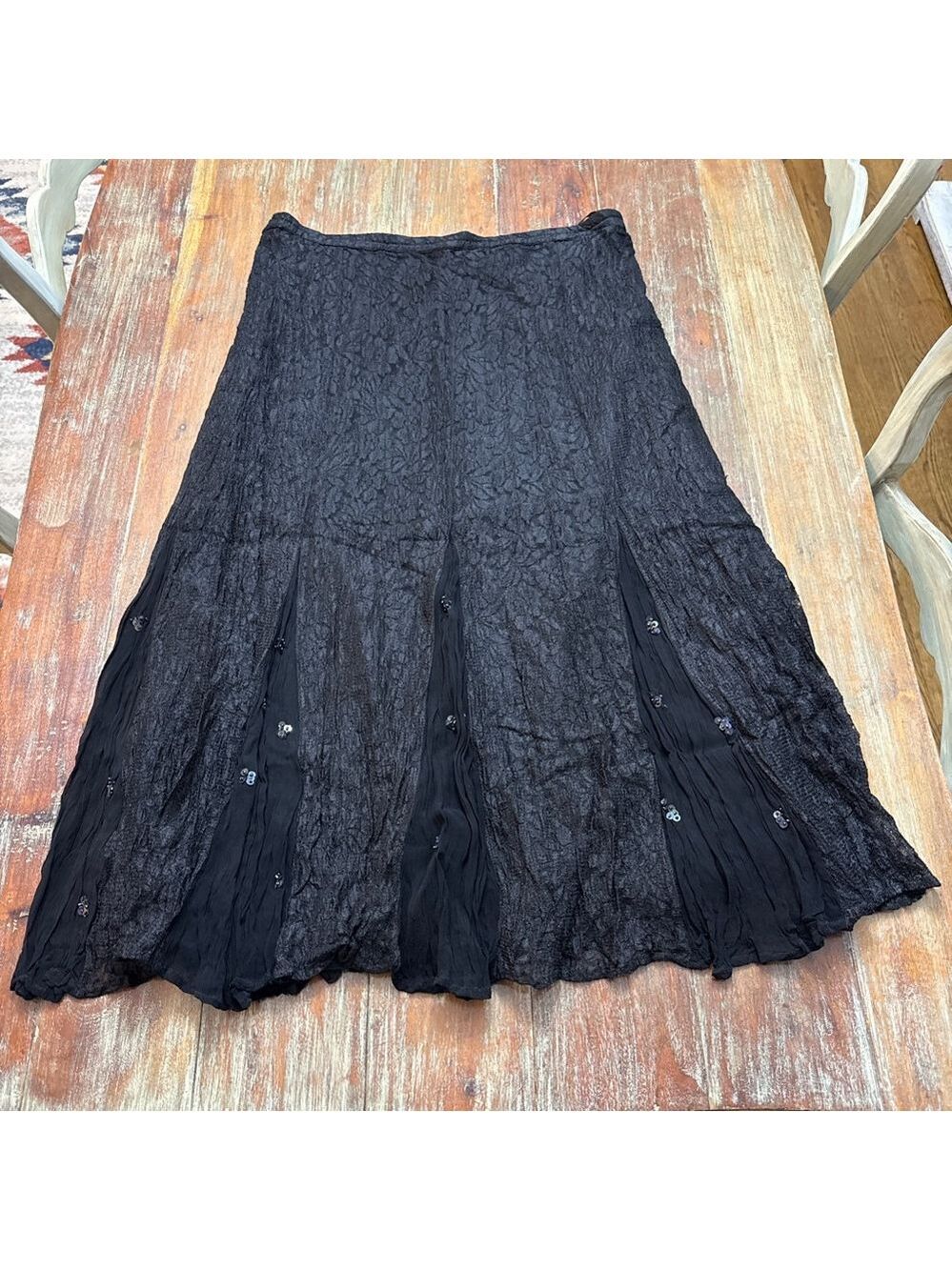 Rouge Black Lace Maxi Skirt Large Sequin Crinkle Boho